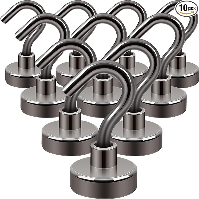 Neosmuk Magnetic Hooks, 27 lb+ Heavy Duty Earth Magnets with Hook for Refrigerator, Extra Strong Cruise Hook for Hanging, Magnetic Hanger for Cabins, Grill (Gunblack, Pack of 10)