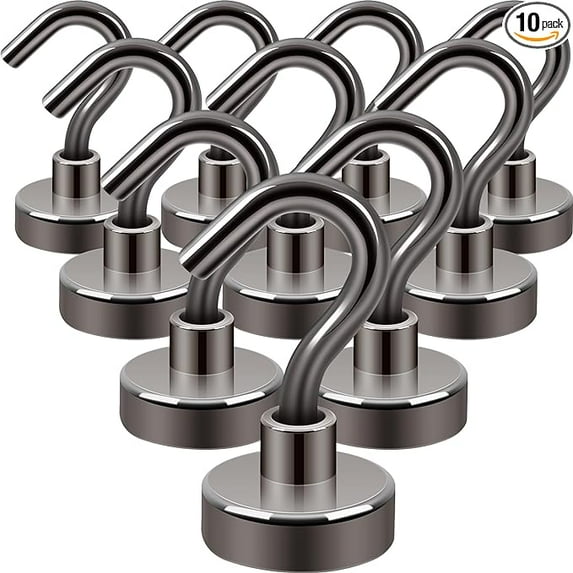 Neosmuk Magnetic Hooks, 27 lb+ Heavy Duty Earth Magnets with Hook for Refrigerator, Extra Strong Cruise Hook for Hanging, Magnetic Hanger for Cabins, Grill (Gunblack, Pack of 10)