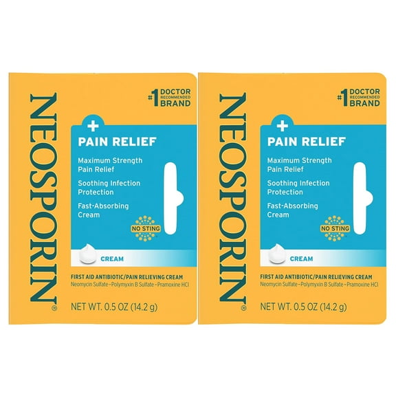 Neosporin + Maximum-Strength Pain Relief Dual Action Cream, First Aid Topical Antibiotic & Analgesic Cream for Wound Care of Minor Cuts, Scrapes & Burns, Polymyxin B & Pramoxine HCl, .5 oz (Pack of 2)