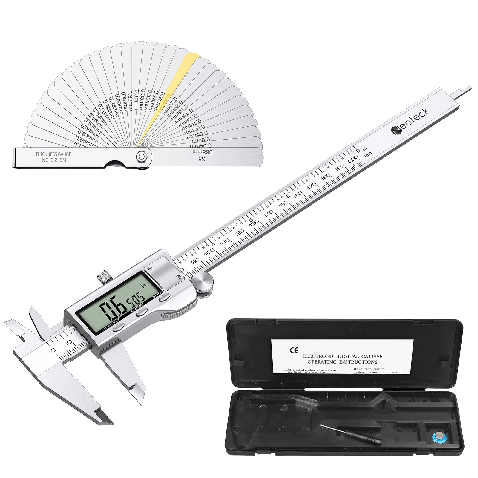Neoteck 8" Electronic Digital Vernier Caliper LCD Stainless Steel + Feeler Gauge LCD Display