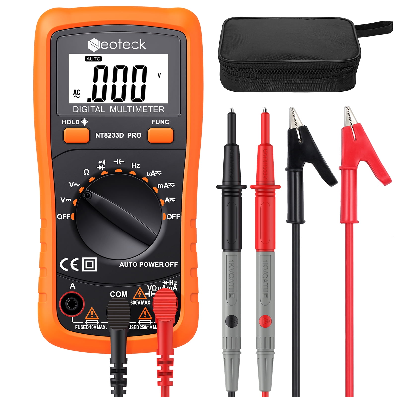 Neoteck Digital Multimeter Auto Range AC DC Voltmeter Ammeter Backlight Tester With Protective Orange Shell with Stand Built