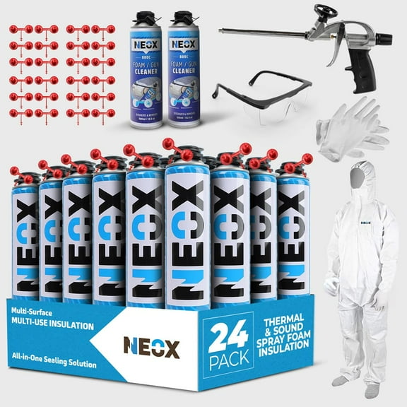 Neox Spray Foam Insulation Kit - Closed Cell, 24x 29.6 Oz Cans, Covers 480 Sq.Ft. - High-Density Polyurethane Foam with Gun, Cleaner, Gloves, Goggles, Body Suit - All-in-One Sealing Solution