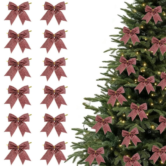 Neoyler 12 Pack Christmas Ornaments Bow Hanging Decorations Mini Tree Ornaments with Charming Jingle and Ribbon Accents Versatile Holiday Decor for Tree Wreath Door Garland Mantel Pink 4.7in