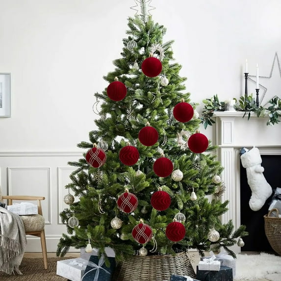 Neoyler 12Pack Christmas Ornaments Flocked Velvet Hanging Balls Soft Fabric Vintage Texture Long Lasting Design for Tree Mantel Window Door Festive Home Decor Easy to Hang with Metal Hooks Red 9.1in