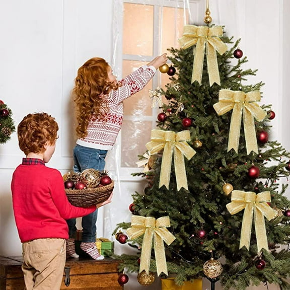 Neoyler 2 Pack Christmas Decorations Indoor Christmas Decor Large Glitter Bow with Hanging Loop for Tree Mantel Door Wall Party Wedding Festive Home Neatness Holiday Gift 5.9in Gold