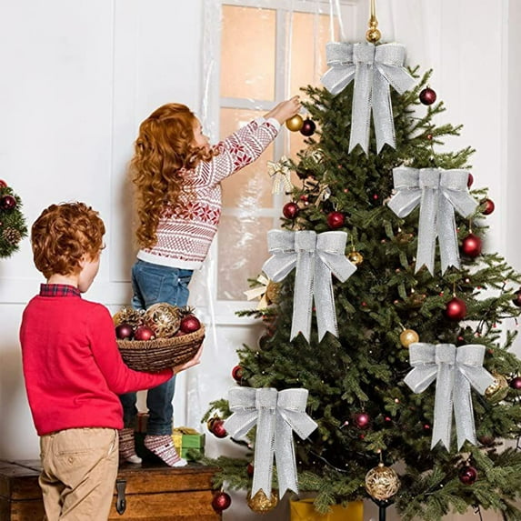 Neoyler 2 Pack Christmas Decorations Indoor Christmas Decor Large Glitter Bow with Hanging Loop for Tree Mantel Door Wall Party Wedding Festive Home Neatness Holiday Gift 5.9in Silver