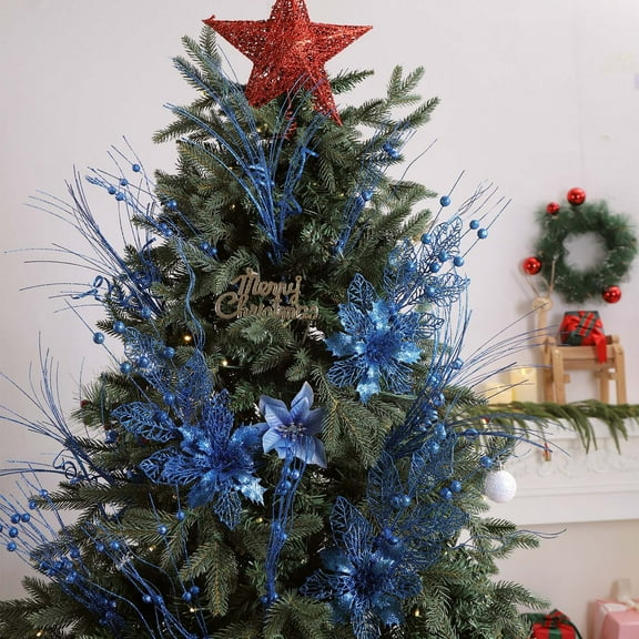 Neoyler 3 Pack Christmas Flower Ornaments Christmas Decorations for Tree with Lifelike Design Material for Indoor Outdoor Use Wreaths Garlands Table Centerpieces Festive Holiday Decor Blue