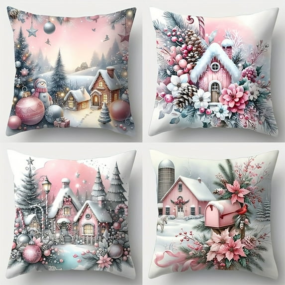 Neoyler 4 Pack Christmas Pillow Cover Christmas Decorations Soft Breathable Cotton Fabric Hidden Zipper Machine Washable Cozy Festive Throw Accent for Sofa Living Room Bedroom Pink 17.7x17.7in