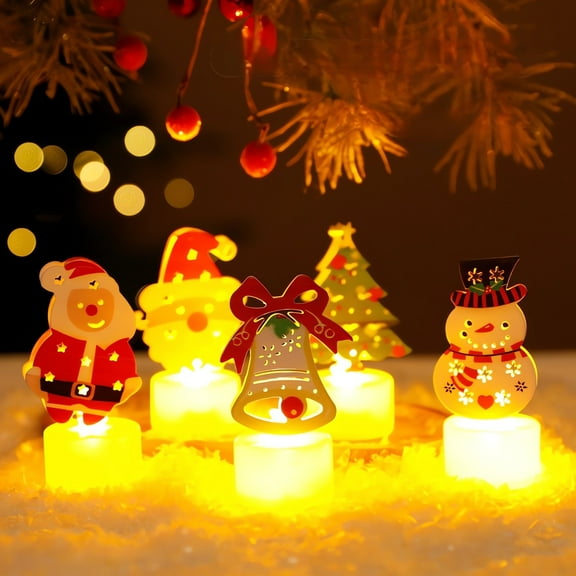 Neoyler 5 Pack Christmas Decorations LED Candle Ornaments Santa Snowman Wood Style Night Light Flicker Free Warm Glow Flameless Reusable Safe Indoor Mantel Window Accent Battery Multicolor Multi-size