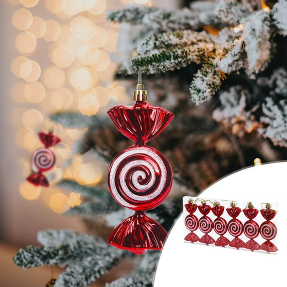 Neoyler 6 Pack Christmas Candy Ornaments Christmas Decorations for Tree with Glitter Finish Suit for Home Party Vintage Style Plastic Peppermints Hanging Decor 4.3in Red