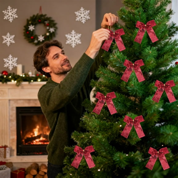 Neoyler 8 pack Sequin Ribbon Bows Christmas Tree Decorations Sparkling Reusable Easy to Attach for Wreath Garland Gift Wrapping Indoor Outdoor Decor Red 7.9in