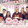 thumbnail image 1 of Neoyler Bow Theme Girl Birthday Party Tableware Set with Paper Plates Paper Cups Napkins Tablecloth Suit for Sweet and Elegant Gatherings Supplies 150 Pieces Include, 1 of 6