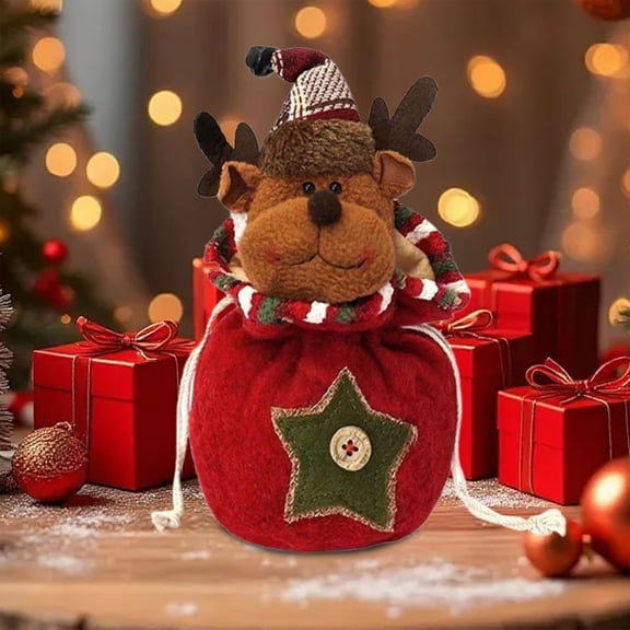 Neoyler Christmas Decorations Drawstring Gift Bag Applique Embroidered Cloth Candy Sack Long Lasting Festive Treat Holder for Holiday Party Table Hanging Accent Red 5.9in