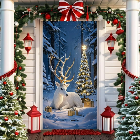 Neoyler Christmas Decorations Hanging Christmas Door Cover for Front Door Long Lasting Polyester Fabric Bow Tie Pattern Easy to Hang Reusable Indoor Outdoor Holiday Decor Multicolor 35.4x70.9in
