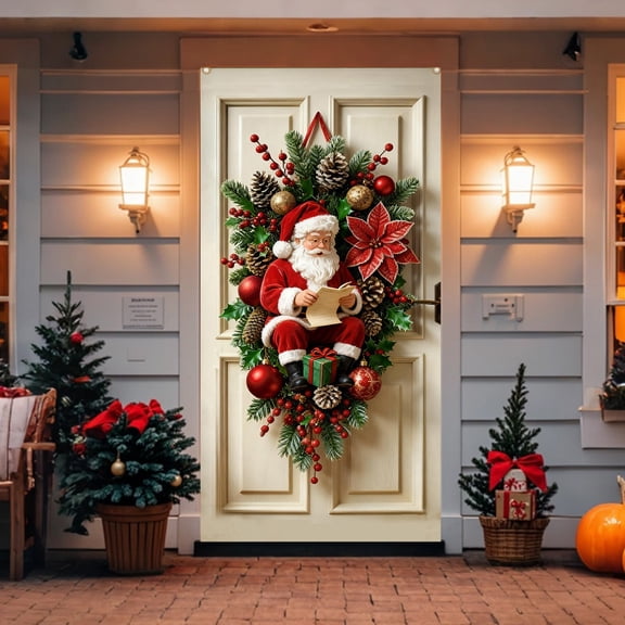 Neoyler Christmas Decorations Hanging Door Cover Santa Claus Pattern Door Curtain Long Lasting Polyester Easy to Hang Holiday Entrance and Wall Decoration Welcome Guests Multicolor 35.4x70.8in