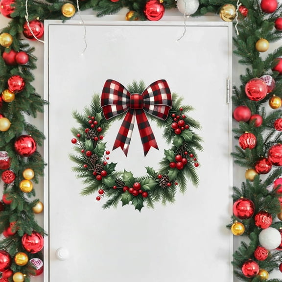 Neoyler Christmas Decorations Vinyl Wreath Wall Stickers Peel and Stick Realistic Pine Branches Pinecones Bows PVC Decorative Decal for Bedroom Living Room Doors Windows Multicolor 15.4x15.7in