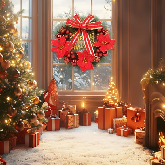 Neoyler Christmas Flower Wreath with Lights Indoor Outdoor Door Wall Hanging Decoration Handmade Holiday Garland for Home Festival Warm White Atmosphere 11.8x11.8in Red