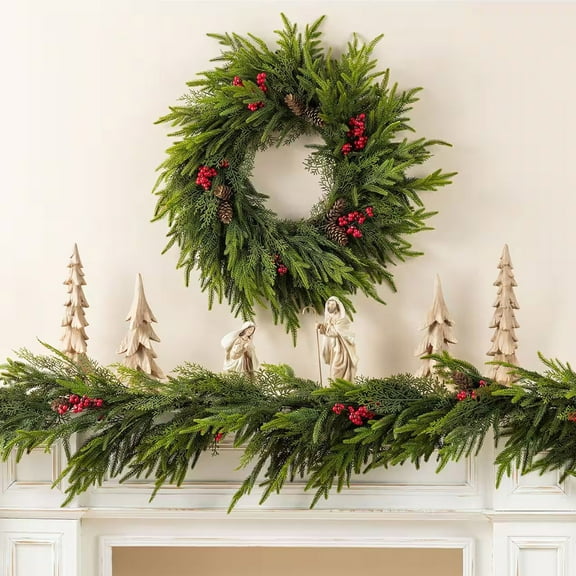 Neoyler Christmas Garland Artificial Pine Needle Wreath with Berries and Pine Cones Lifelike Evergreen Door Decoration Weather Resistant for Mantel and Table Multicolor 15.7x15.7x2.4in