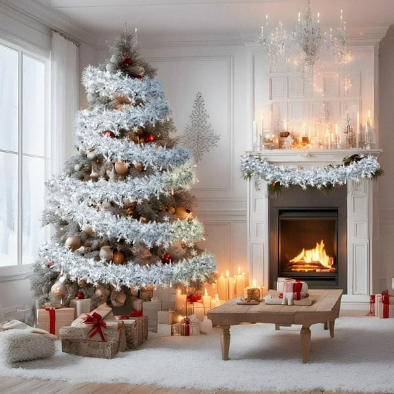 Neoyler Christmas Garland Hairy Tinsel Strip Hanging Decoration for Door Wall and Tree Fluffy Reusable Festive Trim to Add Layered Texture to Mantel Wedding and Party Decor White 3.9x3.9in