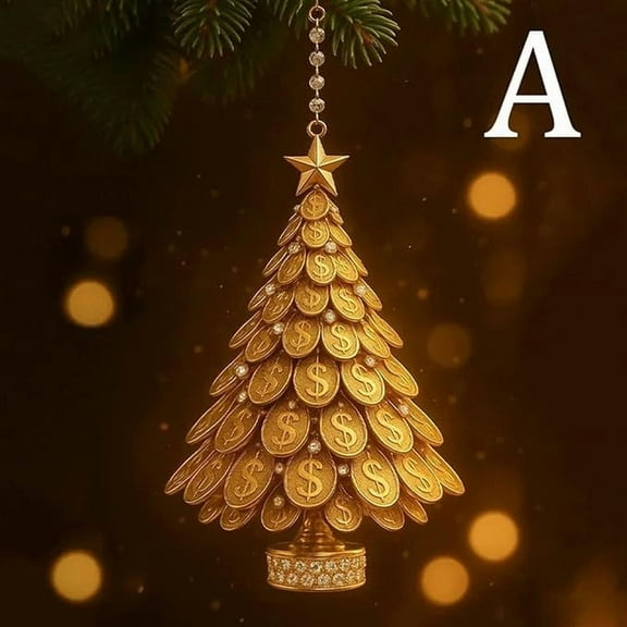 Neoyler Christmas Ornaments Golden Money Tree for Xmas Indoor Holiday Decor with Rhinestone Base Sparkling Lights Effect Eye Petching Centerpiece High Grade Holiday Gift 3.9in Gold