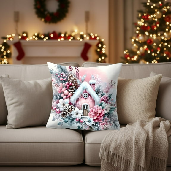 Neoyler Christmas Pillow Cover Christmas Decorations Soft Breathable Cotton Fabric Hidden Zipper Machine Washable Cozy Festive Throw Accent for Sofa Living Room Bedroom Pink 17.7x17.7in