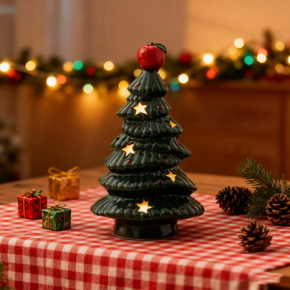 Neoyler Christmas Tree Lights Ceramic Christmas Tree Night Light Battery Operated Tabletop Ornament Warm Ambient Glow Bedside Holiday Decor Centerpiece Green 8.3in