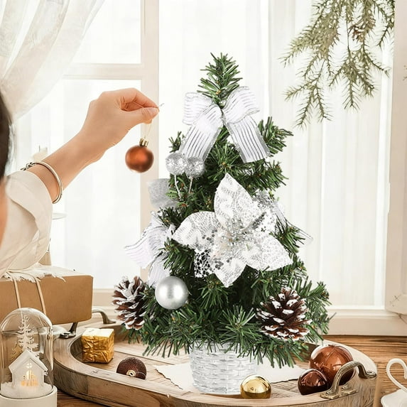 Neoyler Christmas Tree Mini Artificial Desktop Predecorated Tabletop Christmas Decorations with Retractable Branches and Glitter Ornaments for Mantel Home Silver 11.8x3.9x3.9in