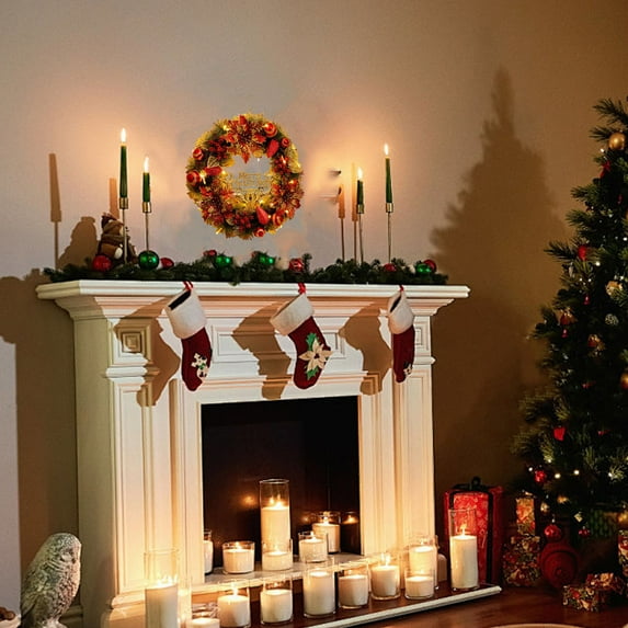 Neoyler Christmas Wreath with Led Lights for Door and Living Room Decor Modern Design with Gold Ornaments and Warm White Suit for Festive Fireplace and Window Display 15.7in Red