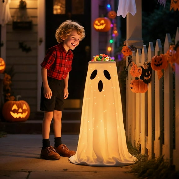 Neoyler Halloween Ghost Candy Bowl for Party Decorations and Treats with Lit Ghost Design Suit for Indoor Outdoor Setup and Family Gatherings 11.8in Orange