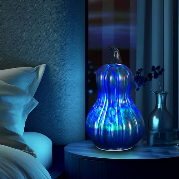 Neoyler Halloween Led Lights Glass Pumpkin Lantern with Timer Feature for Indoor and Outdoor Decor Suit for Spooky Fall Events and Holiday Gifts 10.8in Blue