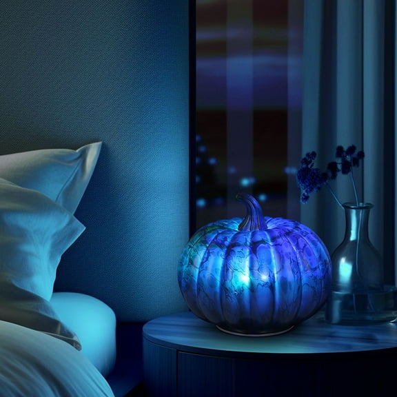 Neoyler Halloween Led Lights Glass Pumpkin Lantern with Timer Feature for Indoor and Outdoor Decor Suit for Spooky Fall Events and Holiday Gifts 7.9in Blue