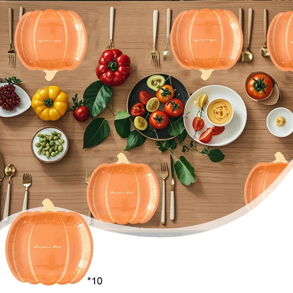 Neoyler Halloween Pumpkin Shaped Party Plates Thanksgiving Disposable Dinnerware Sturdy Paper Utensils Festive Table Setting Event Supplies Holiday Decorations Party Dish Set