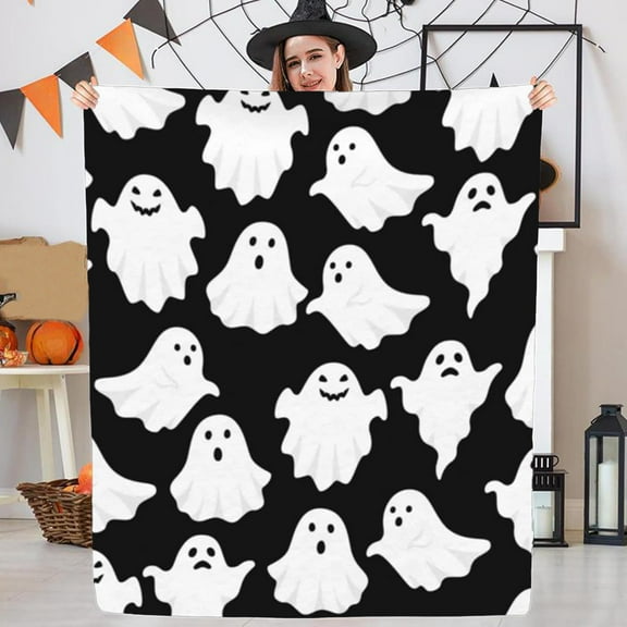 Neoyler Halloween Themed Soft Fleece Throw Blanket for Cozy Fall Nights with Ghost and Pumpkin Design Suit Gift for Women and Men On Couch or Bed 27.6x39.4in Black