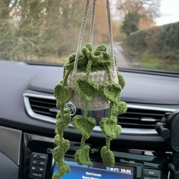 Neoyler Handmade Crochet Car Accessories Potted Plants Rearview Mirror Decor Cute Ornament Eco Friendly Gift for Teens Adults Washable Wool Swinging Dashboard Decoration