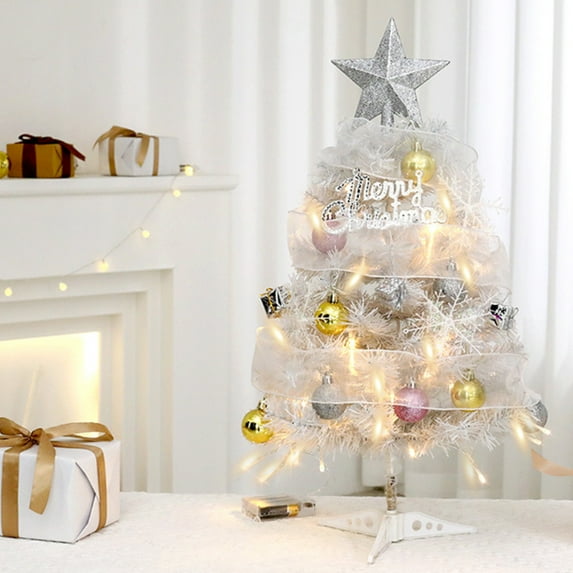 Neoyler Mini Christmas Tree with Led Lights for Indoor Festive Decor Tabletop White Tree with Ornaments Suit Christmas Table Decoration Battery Operated Holiday Tree for Home Office 17.7x8.9in White