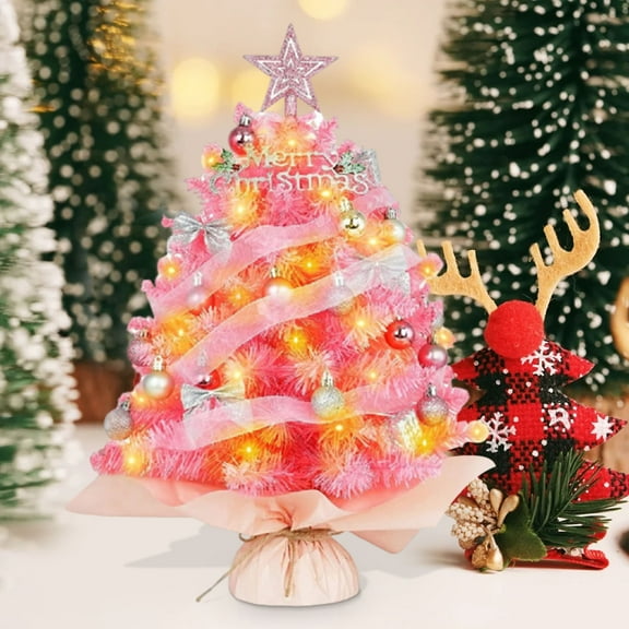 Neoyler Mini Christmas Tree with Led Lights and Ornaments for Festive Tabletop Decor Battery Operated Suit for Indoor Holiday Celebration and Gift Memories 17.7in Pink