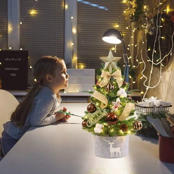 Neoyler Mini Christmas Tree Ornaments Decor Set Christmas Decorations Christmas Ornaments Indoor Safe PVC Needles With LED Lights Stable Base for Desktop Office Small Spaces 17.7 in Brown