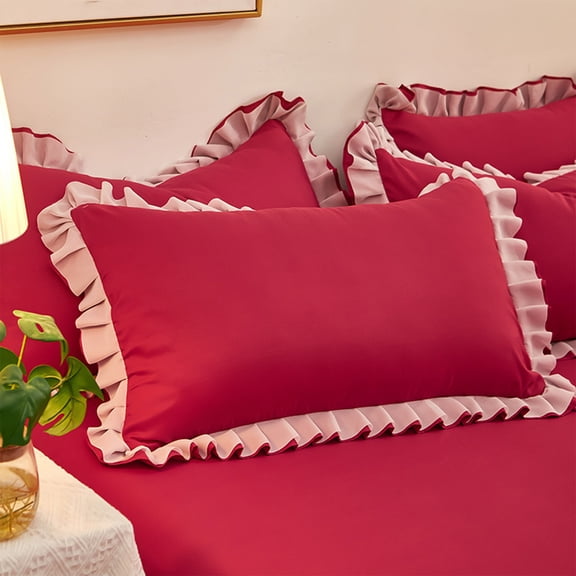 Neoyler Pillow Cases French Ruffle Pillowcase Soft Brushed Fabric Breathable Moisture Wicking Envelope Closure Wrinkle Resistant Fine Stitching Decorative Bedding Bedroom Red 18.8x29.1in