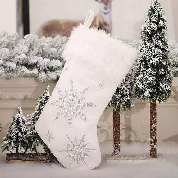 Neoyler Snowflake Embroidery Stocking Christmas Decorations Christmas Ornaments Soft Material Tree Fireplace Decor Seasonal Display Holiday Cheer Suit Holiday Gift 17.7In White