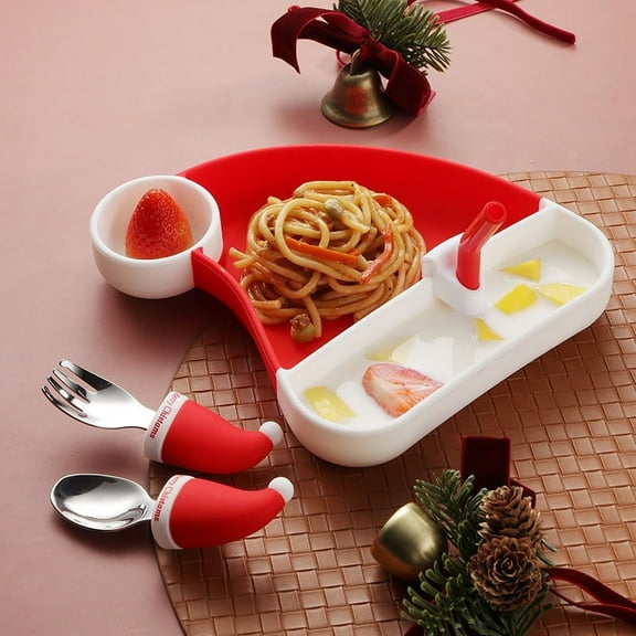 Neoyler Stainless Spoon and Fork Gift Box with Suction Christmas Plates Thanksgiving Dinnerware Upgraded Base Safe Food Grade Straw Suit for Holidays 9.3in Red