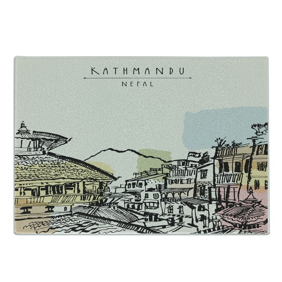 Nepal Cutting Board, Hand Drawn Building of Durbar Mountains and Buildings in Kathmandu Tourist Attraction, Decorative Tempered Glass Cutting and Serving Board, Small Size, Multicolor, by Ambesonne