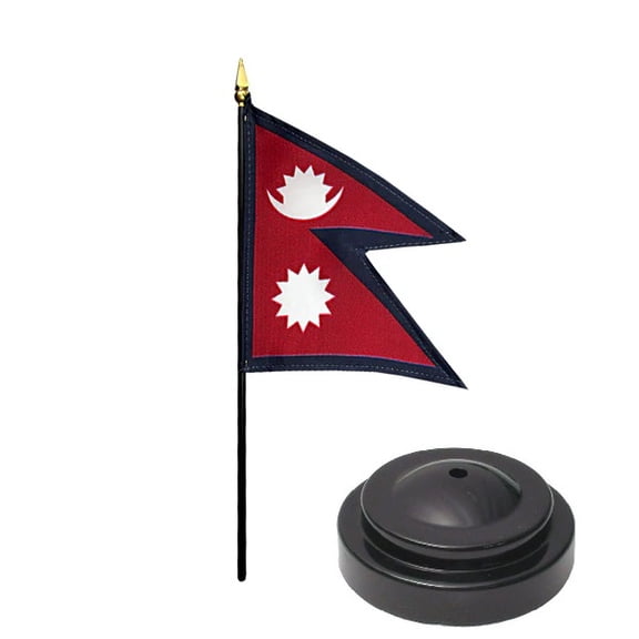 Nepal Desk Flag with Base; American Made Rayon 4x6 inch Miniature Table Set Includes One Small Mini Country Stick Flags and One Black Stand (Nepal Desk Flag and Base)