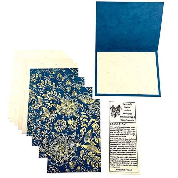 Nepal Greeting Card and Envelope Set: Dark Teal and Gold Notecards, Handmade Lokta Paper