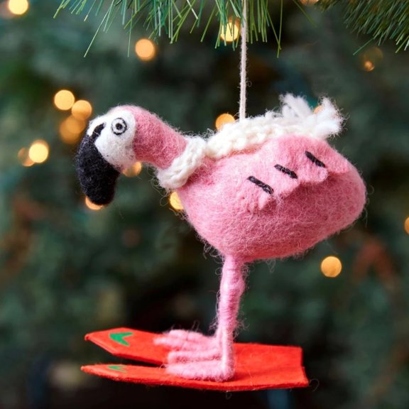 Nepal Hand Pressed Sheep Wool Skiing Flamingo Ornament