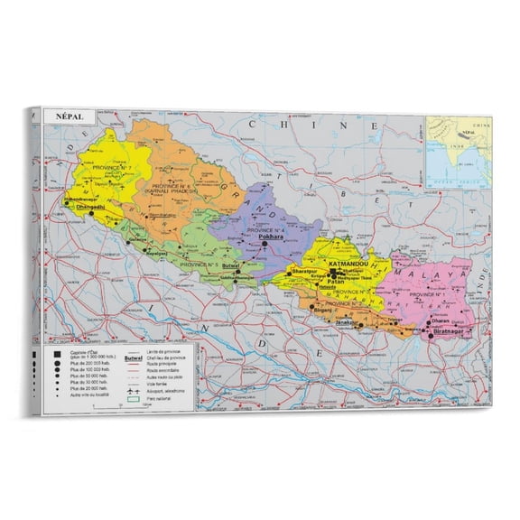 Nepal Map Posters Wall Art Poster Scroll Canvas Painting Picture Living Room Decor Home 08x12inch(20x30cm)