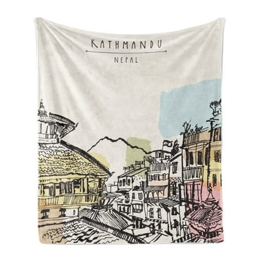 Nepal Soft Flannel Fleece Blanket, Hand Drawn Building of Durbar Mountains and Buildings in Kathmandu Tourist Attraction, Cozy Plush for Indoor and Outdoor Use, 60" x 80", Multicolor, by Ambesonne