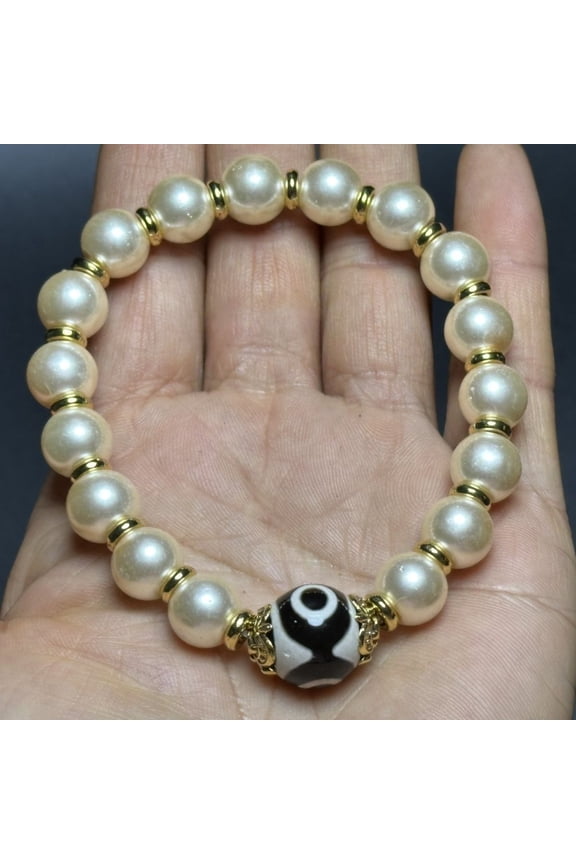 Nepal Three Eye Dzi Bead Bracelet Imitation Pearl Hand Woven String Buddhist Style Jewelry for Men and Women Spiritual Gift