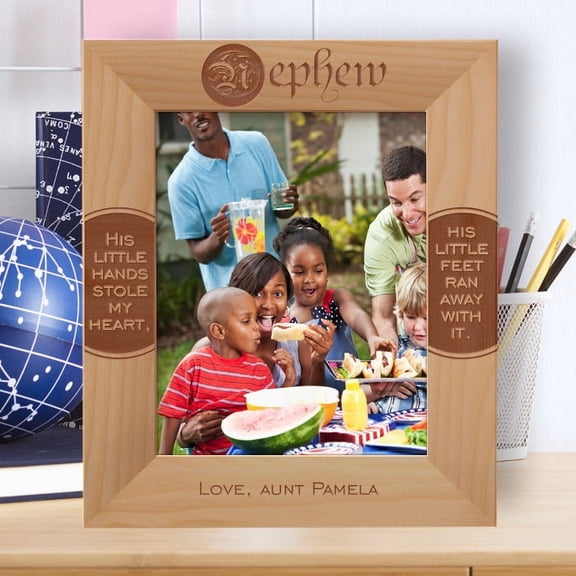 Nephew His Little Hands Stole My Heart Personalized Wooden Frame 8" x 10" Brown (Vertical)