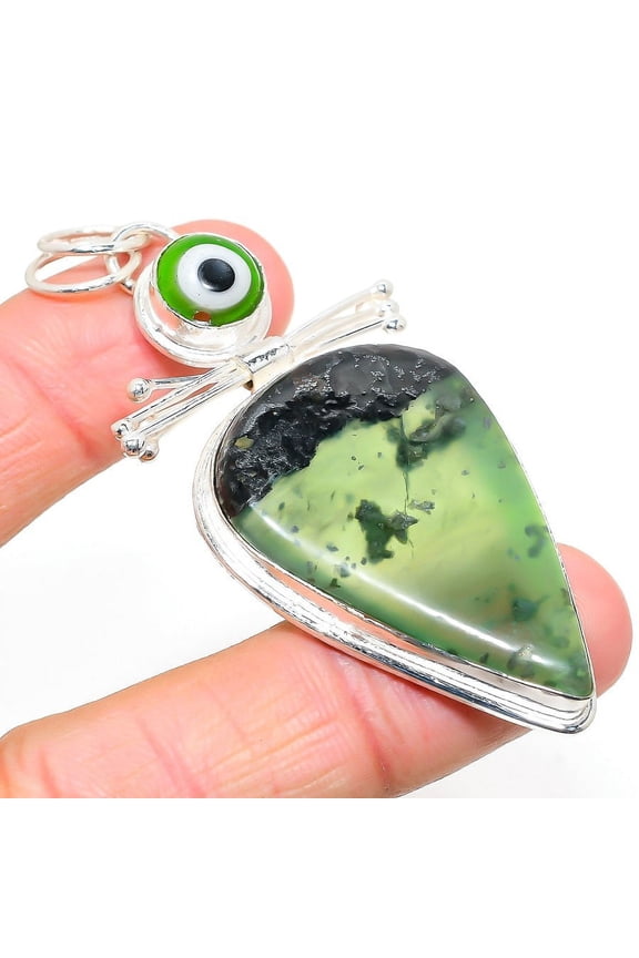 Nephrite, Evil Eye Gemstone Handmade 925 Sterling Silver Jewelry Pendant 2.96"
