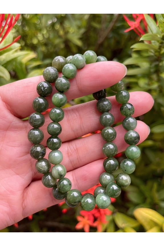 Nephrite Jade Crystal Bead Bracelet 6-8mm, Wholesale Genuine Nephrite Jade Stretch Gemstone Bracelet, Gift for Men & Women (1)